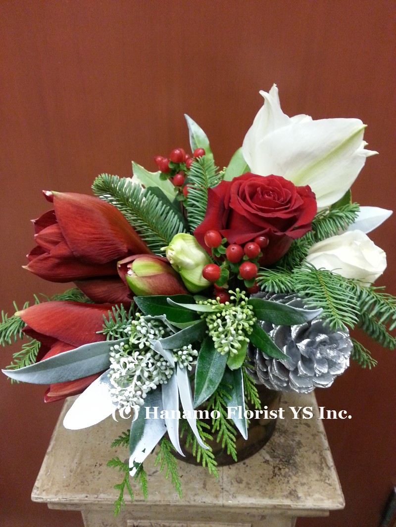 CMAS1205  Mixed Amaryllis Arrangement in a glass Vase