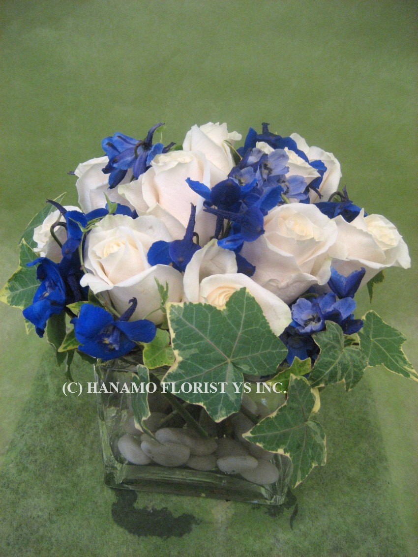 CUBE504 White Roses & Seasonal Purple or Blue fillers in 5"Cube