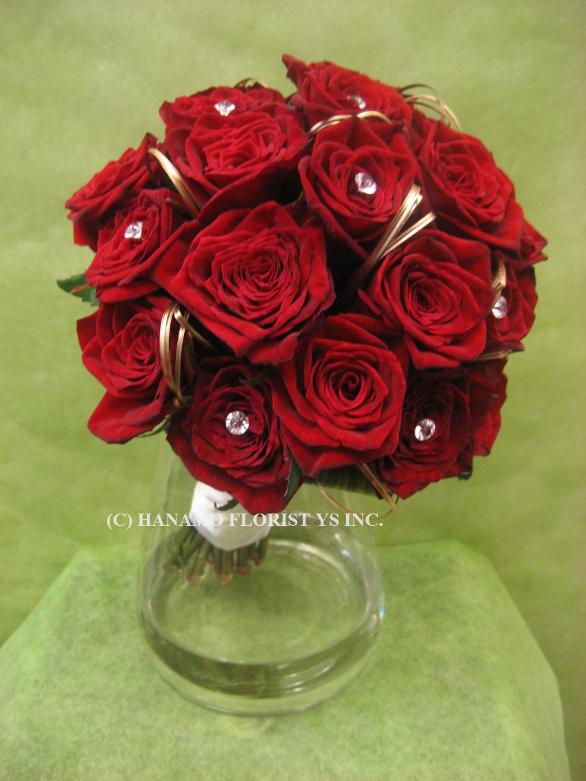 WEDB703 Dark Red Roses Handtied with diamonds