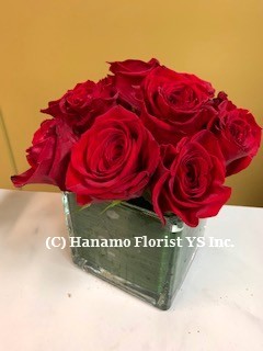 ROSE230 9 Red Roses in a 5"Glass Cube Vase - Click Image to Close