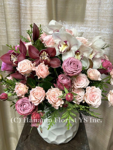 VASE1228 Roses and Cymbidiums Arrangement in a Ceramic Vase