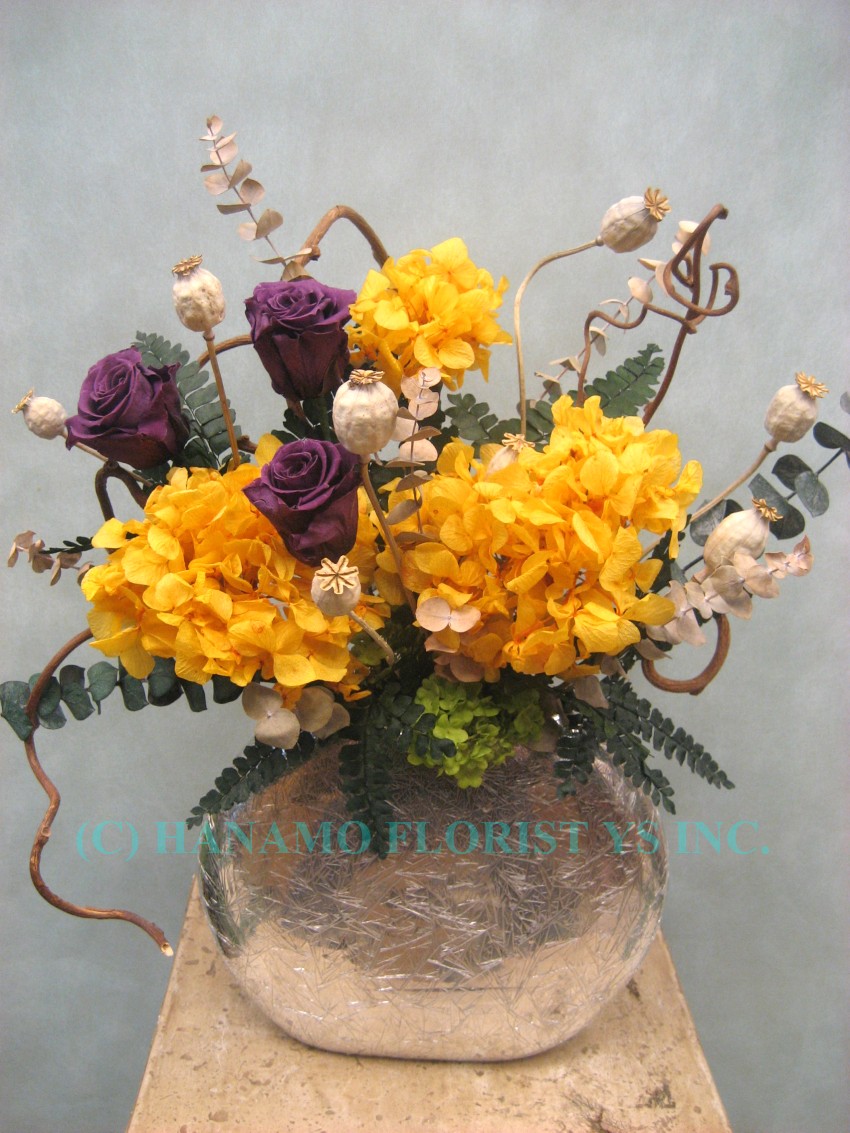 PRES011 Preserved Arrangement Purple Rose & Hydrangeas