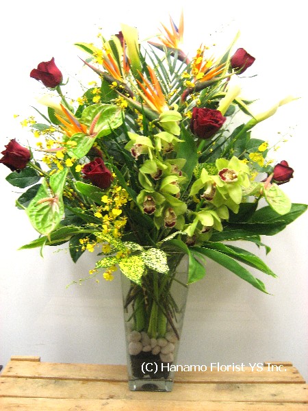 VASE050 Bird of Paradise, Long stem Red Roses & Tropicals vase