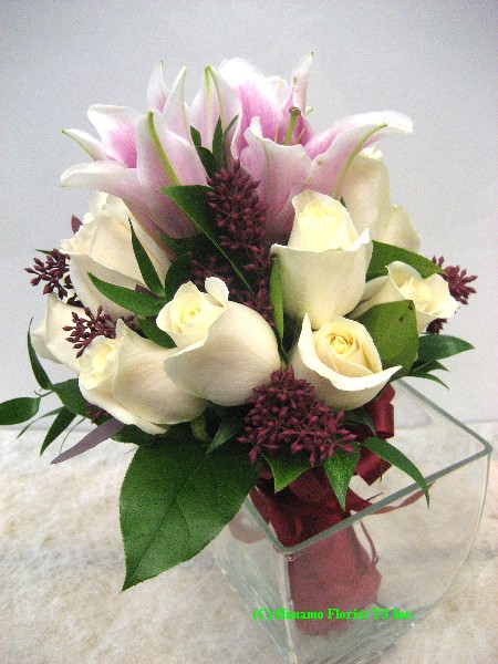 WEDB042 Cream Rose and Pink Lily Posy Hand-Tied Bouquet